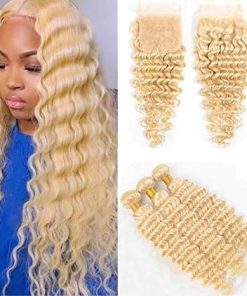 3 Bundles Blonde 613 Deep Wave Transparent Lace With Closure